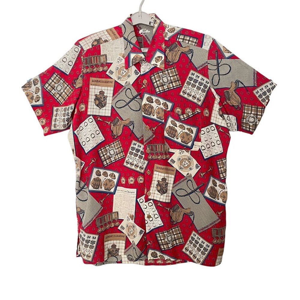 Alex Mens Shirt Horse Racing All Over Print Chest 56" Red Gold Equestrian